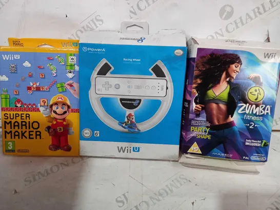 BOX OF APPROXIMATELY 10 ASSORTED NINTENDO WII ITEMS TO INCLUDE ZUMBA FITNESS 2, RACING WHEEL, SUPER MARIO MAKER, ETC