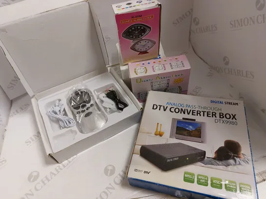 lot of 5 items including dtv converter bos, quartz alarm clocks, renkai digital therapy machine