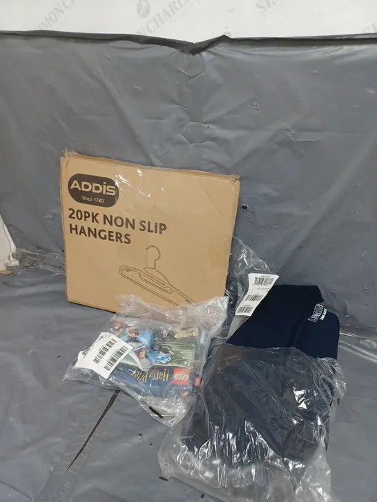 BOX OF APPROXIMATELY 5 ASSORTED ITEMS TO INCLUDE LEGO, CLOTHES HANGERS AND CLOTHING ITEMS 