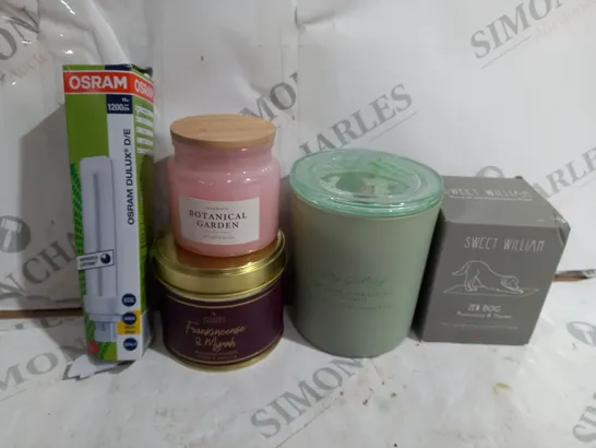 BOX OF APPROXIMATELY 10 ASSORTED ITEMS TO INCLUDE - SWEET WILLIAM ZEN DOG - BOTANICAL GARDEN CANDLE - MY GALAXY GREEN DOT JADE ECT 