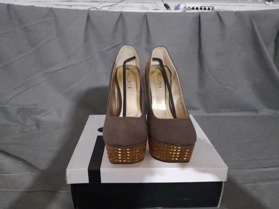 APPROXIMATELY 8 BOXED PAIR OF MILAYA KHAKI HEELED PLATFORM SHOES IN VARIOUS SIZES TO INCLUDE SIZE 38 