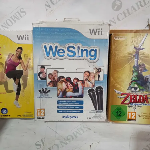 BOX OF APPROXIMATELY 10 ASSORTED NINTENDO WII ITEMS TO INCLUDE THE LEGEND OF ZELDA SKYWARD SWORD LIMITED EDITION PACK, WE SING, YOUR SHAPE, ETC