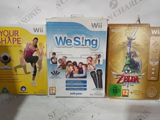 BOX OF APPROXIMATELY 10 ASSORTED NINTENDO WII ITEMS TO INCLUDE THE LEGEND OF ZELDA SKYWARD SWORD LIMITED EDITION PACK, WE SING, YOUR SHAPE, ETC