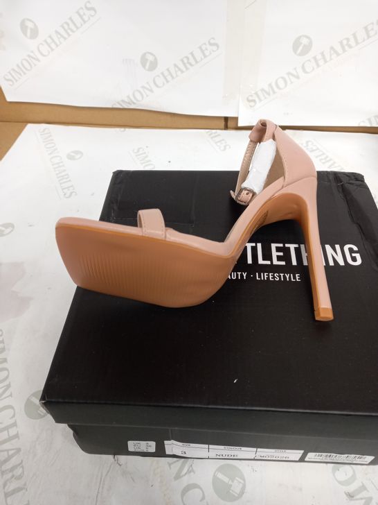 BOXED PAIR OF PRETTYLITTLETHING NUDE CLOVER BARELY THERE STRAPPY SQUARED TOE HEELED SANDALS - UK 3