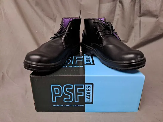 BOX OF APPROXIMATELY 8 BOXED PAIRS OF PSF LADIES SAFETY BOOTS IN BLACK SIZE 4