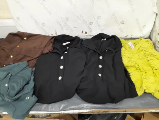 BOX OF APPROXIMATELY 10 ASSORTED PIECES OF CLOTHING IN VARIOUS STYLES, SIZES, AND BRANDS 