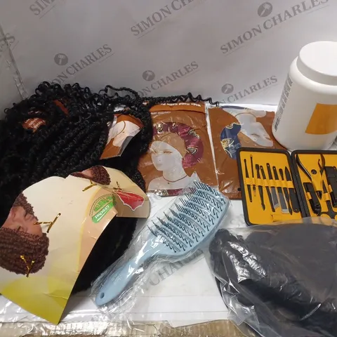 BOX OF ASSORTED COSMETIC ITEMS TOO INCLUDE WIGS , HAIR BRUSHES AND CREAM