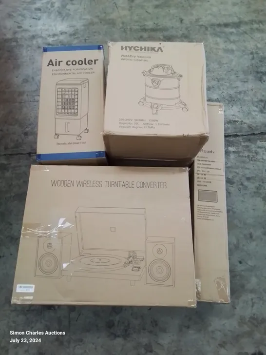 PALLET OF ASSORTED ITEMS INCLUDING AIR COOLER, WET&DRY VACUUM, CHAIR MAT FOR CARPET, WIRELESS TURNTABLE CONVERTER