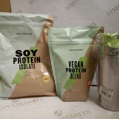 LOT OF APPROXIMATELY 1.5KG MYPROTEIN VEGAN PROTEIN POWDER WITH SHAKER