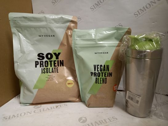 LOT OF APPROXIMATELY 1.5KG MYPROTEIN VEGAN PROTEIN POWDER WITH SHAKER