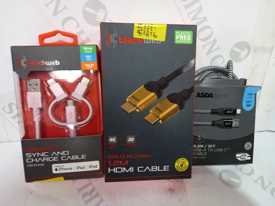 LOT OF APPROXIMATELY 20 ASSORTED HOUSEHOLD ITEMS TO INCLUDE BLACKWEB SYNC AND CHARGE CABLE, BLACKWEB HDMI CABLE, ASDA TECH USB-A TO USB-C CABLE, ETC