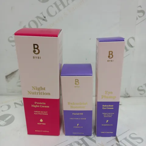 BOXED BYBI SET OF 3 HEALTH AND BEAUTY ITEMS TO INCLUDE NIGHT CREAM, FACIAL OIL, AND EYE CREAM