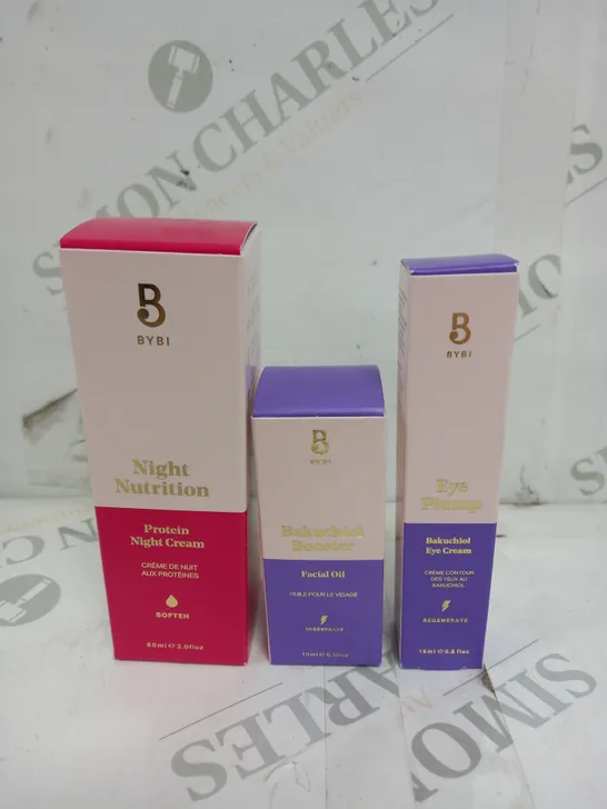 BOXED BYBI SET OF 3 HEALTH AND BEAUTY ITEMS TO INCLUDE NIGHT CREAM, FACIAL OIL, AND EYE CREAM