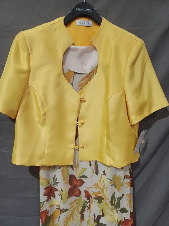 GLITZ 2 PIECE FLORAL DRESS & JACKET IN WHITE/YELLOW - SIZE 22