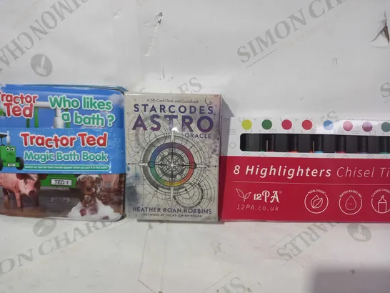 BOX OF APPROXIMATELY 10 TOYS AND GAMES TO INCLUDE HIGHLIGHTERS, STARCODES ASTRO ORACLE CARDS, TRACTOR TED MAGIC BATH BOOK, ETC