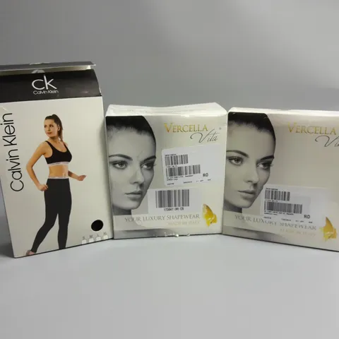 3 ASSORTED PRODUCTS TO INCLUDE CALVIN KLEIN COTTON STRETCH BRALETTE AND LEGGINGS IN BLACK SIZE SMALL, VERCELLA VITA CAMI 2 PACK IN WHITE SIZE LARGE, VERCELLA VITA BRIEFS IN BLACK/SANDALWOOD SIZE LARGE