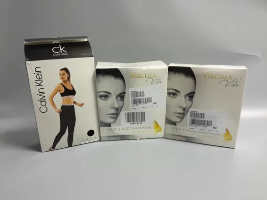 3 ASSORTED PRODUCTS TO INCLUDE CALVIN KLEIN COTTON STRETCH BRALETTE AND LEGGINGS IN BLACK SIZE SMALL, VERCELLA VITA CAMI 2 PACK IN WHITE SIZE LARGE, VERCELLA VITA BRIEFS IN BLACK/SANDALWOOD SIZE LARGE