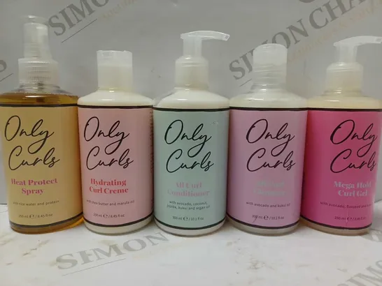 LOT OF 5 ASSORTED ONLY CURLS PRODUCTS TO INCLUDE HEAT PROTECT SPRAY, CURL CONDITIONER, CURL CLEANSER, ETC 