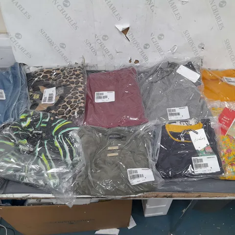 BOX OF APPROXIMATELY 10 ASSORTED BAGGED CLOTHING PIECES IN VARIOUS STYLES AND SIZES 