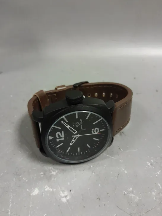 MENS FRANK SCHMIDT WATCH – LARGE BLACK CASE – BLACK PILOT DIAL – BROWN STRAP – 3ATM WATER RESISTANT