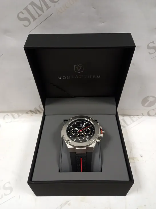 MENS VONLANTHEN CHRONOGRAPH WATCH – V200 – TEXTURED DIAL – CHRONOGRAPH MOVEMENT – BLACK RUBBER STRAP – 3ATM WATER RESISTANT