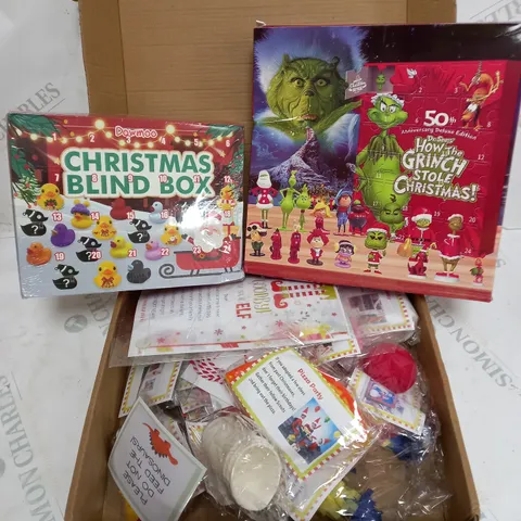 FOUR ASSORTED SEASONAL PRODUCTS TO INCLUDE; ELF ON A SHELF SITUATION SET AND ADVENT CALENDERS