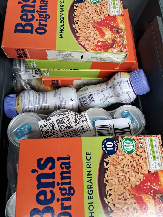 BOX OF APPROXIMATELY 15 ITEMS TO INCLUDE BENS ORIGINAL RICE, FORTSIP, RED BULL PACK ETC