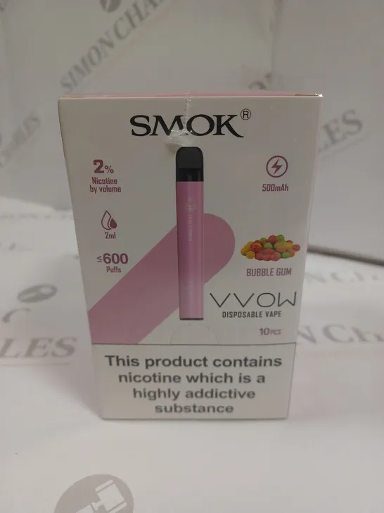 SEALED SMOK VVOW 10-PACK OF DISPOSABLE VAPES - BUBBLE GUM