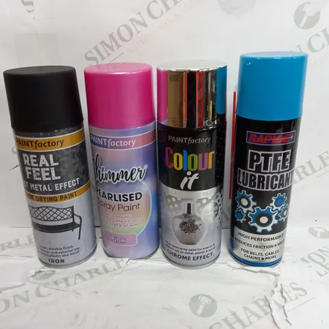 BOX OF APPROXIMATELY 30 CANS OF SPRAY PAINT TO INCLUDE PINK, BLUE, BLACK ETC