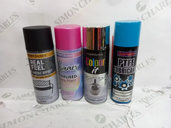 BOX OF APPROXIMATELY 30 CANS OF SPRAY PAINT TO INCLUDE PINK, BLUE, BLACK ETC