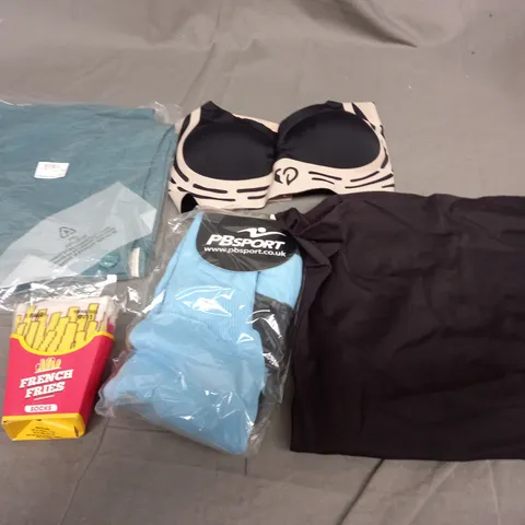 BOX OF APPROXIMATELY 25 ASSORTED CLOTHING ITEMS TO INCLUDE - SOCKS , BRA , SHORTS ETC