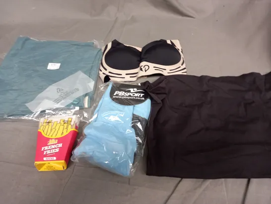 BOX OF APPROXIMATELY 25 ASSORTED CLOTHING ITEMS TO INCLUDE - SOCKS , BRA , SHORTS ETC