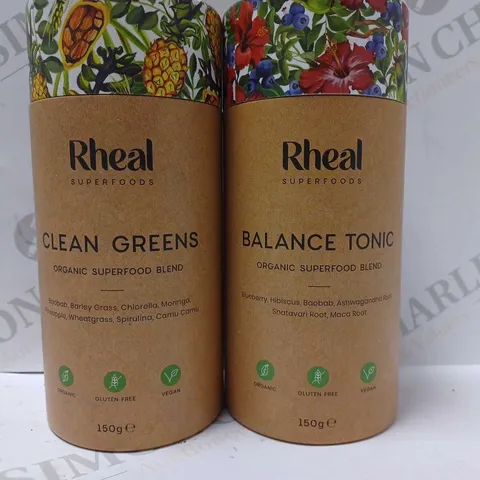 LOT OF 2 RHEAL SUPERFOOD PRODUCTS TO INCLUDE CLEAN GREENS 150G & BALANCE TONIC 150G 