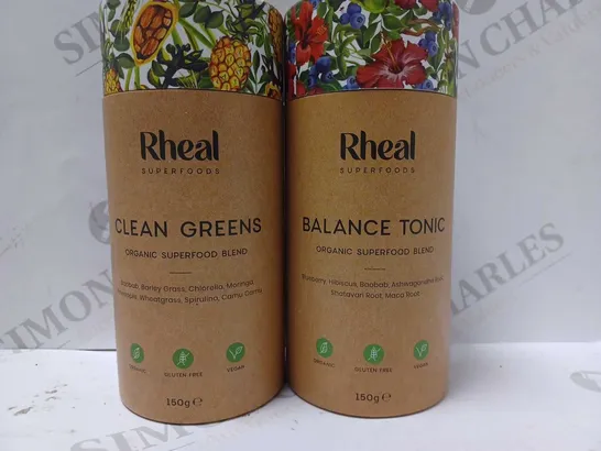 LOT OF 2 RHEAL SUPERFOOD PRODUCTS TO INCLUDE CLEAN GREENS 150G & BALANCE TONIC 150G 