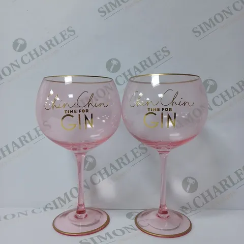 BOXED BRAND NEW SET OF 2 PINK GIN GLASSES 'CHIN CHIN TIME FOR GIN'