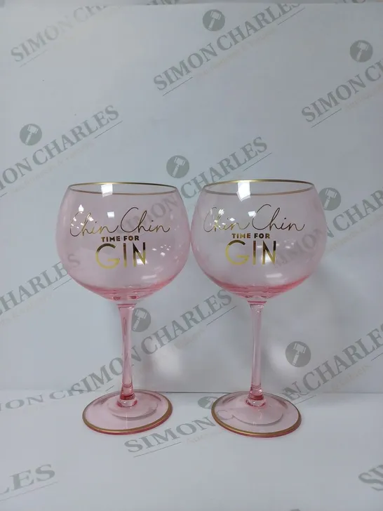 BOXED BRAND NEW SET OF 2 PINK GIN GLASSES 'CHIN CHIN TIME FOR GIN'