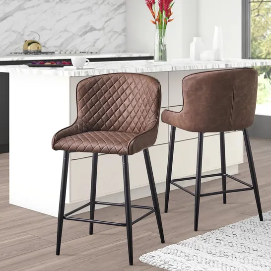 BOXED DUNDAS SET OF TWO BROWN FAUX LEATHER BARSTOOLS