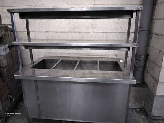 COMMERCIAL SERVERY UNIT, WITH HEATER CUPBOARD, BAIN MARIE TOP & SHELVING ABOVE WITH HEAT LAMPS