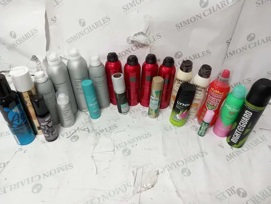 APPROXIMATELY 24 ASSORTED AEROSOL SPRAYS TO INCLUDE; RIGHT GUARD, BONDI SANDS, LIVING PROOF, RITUALS, HAWAIAN TROPIC AND LYNX