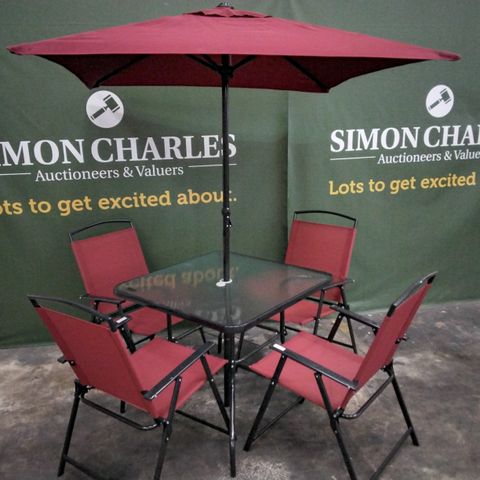 BOXED MIAMI RED 6 PIECE PATIO DINING SET - COMPRISING, 4 FOLDING CHAIRS, CHARCOAL GLASS TOPPED TABLE & PARASOL 