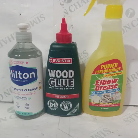 BOX OF APPROXIMATELY 10 ASSORTED HOUSEHOLD ITEMS TO INCLUDE ELBOW GREASE ALL PURPOSE DEGREASER, EVO-STIK WOOD GLUE, MILTON BABY BOTTLE CLEANER, ETC - COLLECTION ONLY