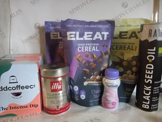 BOX OF APPROX 8 ASSORTED PRODUCTS TO INCLUDE ILLY CLASSICO ROAST COFFEE, ELEAT HIGH PROTEIN CEREAL, RAWYA BLACK SEED OIL, ETC 