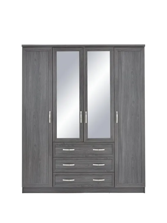 BOXED GRADE 1 CAMBERLEY DARK OAK-EFFECT 4-DOOR 3-DRAWER MIRRORED WARDROBE (2 OF 2 BOXES) RRP £359