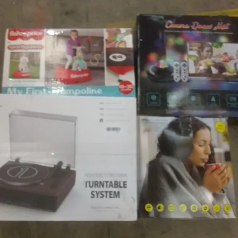 PALLET OF ASSORTED ITEMS INCLUDING HIGH FIDELITY TURNTABLE SYSTEM, FISHERPRICE MY FIRST TRAMPOLINE, HEATED CUSHION, CAMERA DANCE MAT, HUANUO LAP DESK, DOUBLE HEAVY-DUTY MONITOR MOUNT