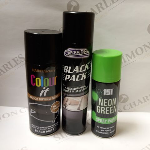 BOX OF APPROX 15 ASSORTED AEROSOLS TO INCLUDE NEON GREEN SPRAY PAINT, PAINT FACOTRY COLOUR IT SPRAY PAINT, CAR-PRIDE BLACK PACK SPRAY