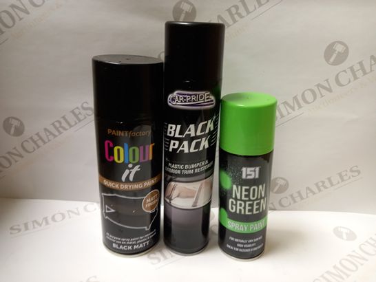 BOX OF APPROX 15 ASSORTED AEROSOLS TO INCLUDE NEON GREEN SPRAY PAINT, PAINT FACOTRY COLOUR IT SPRAY PAINT, CAR-PRIDE BLACK PACK SPRAY