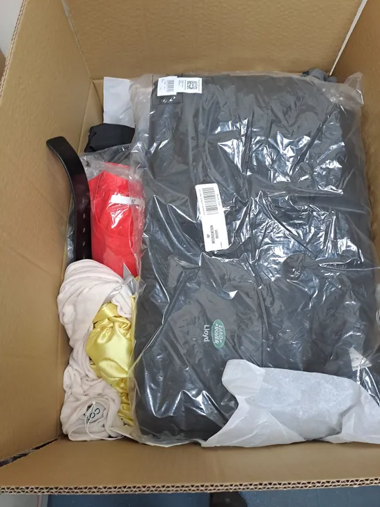 BOX OF ASSORTED CLOTHING ITEMS TOO INCLUDE JUMPERS, SHIRTS AND TROUSERS IN VARIOUS SIZES AND COLOURS   