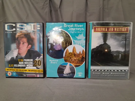 BOX OF APPROXIMATELY 20 ASSORTED DVDS TO INCLUDE CSI, GREAT RIVER JOURNEYS, NORFOLK AND WESTERN, ETC