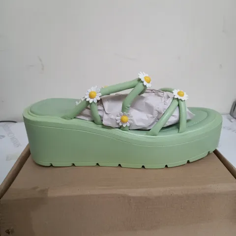 BOXED PAIR OF KOI FOOTWEAR BLOOMING DAY OASIS GREEN WEDGE SHOES - SIZE 8