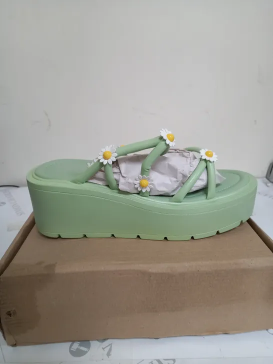 BOXED PAIR OF KOI FOOTWEAR BLOOMING DAY OASIS GREEN WEDGE SHOES - SIZE 8